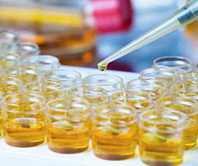 Pipette with drop of reagent into tubes during examination in a dropping reactive solution in test tubes at lab / Pipette with drop of reagent into tubes during examination in a pharmaceutical laboratory